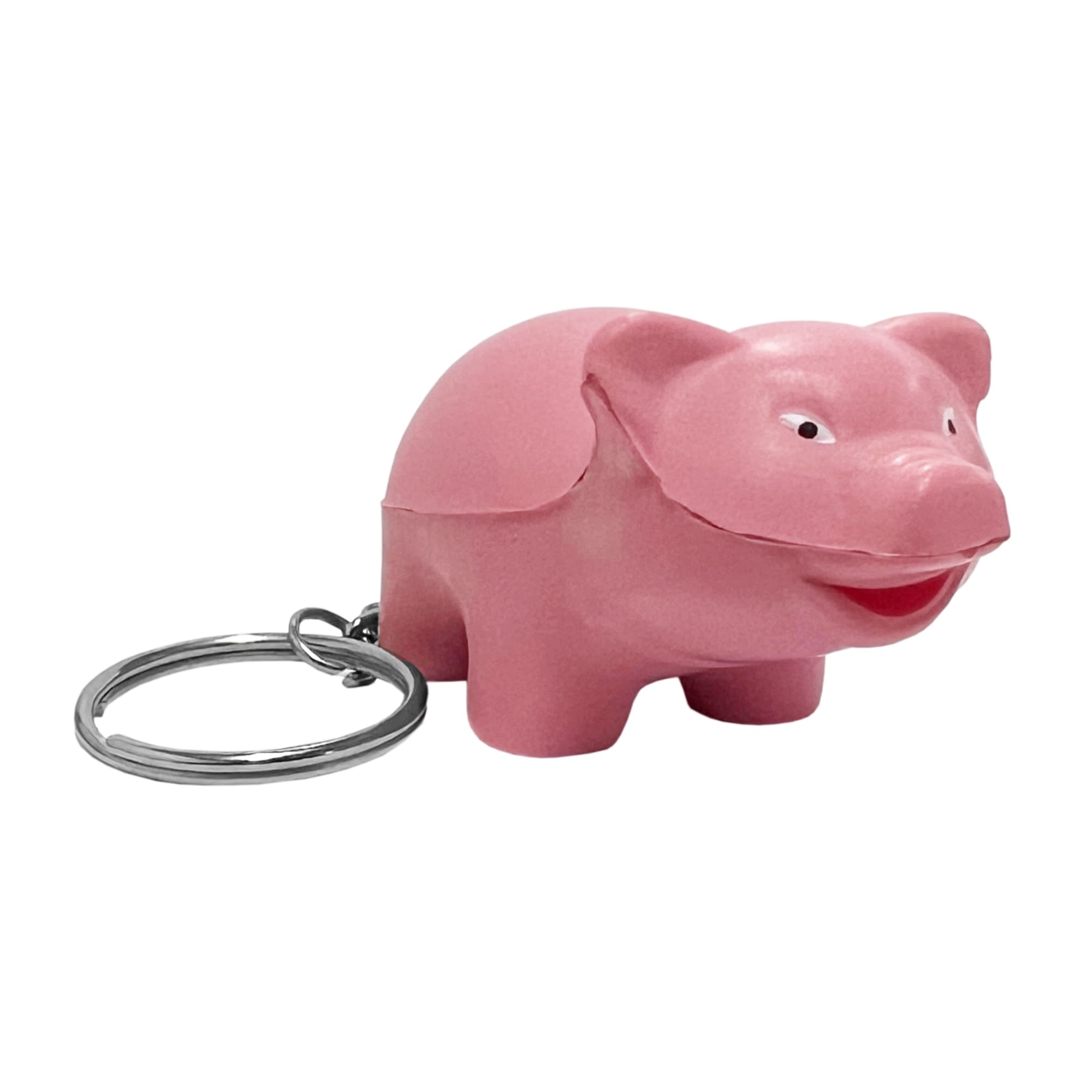 A pink pig-shaped key ring with a shiny metal keychain attachment, featuring a cheerful expression. Stress Pig Key Ring - Image 1