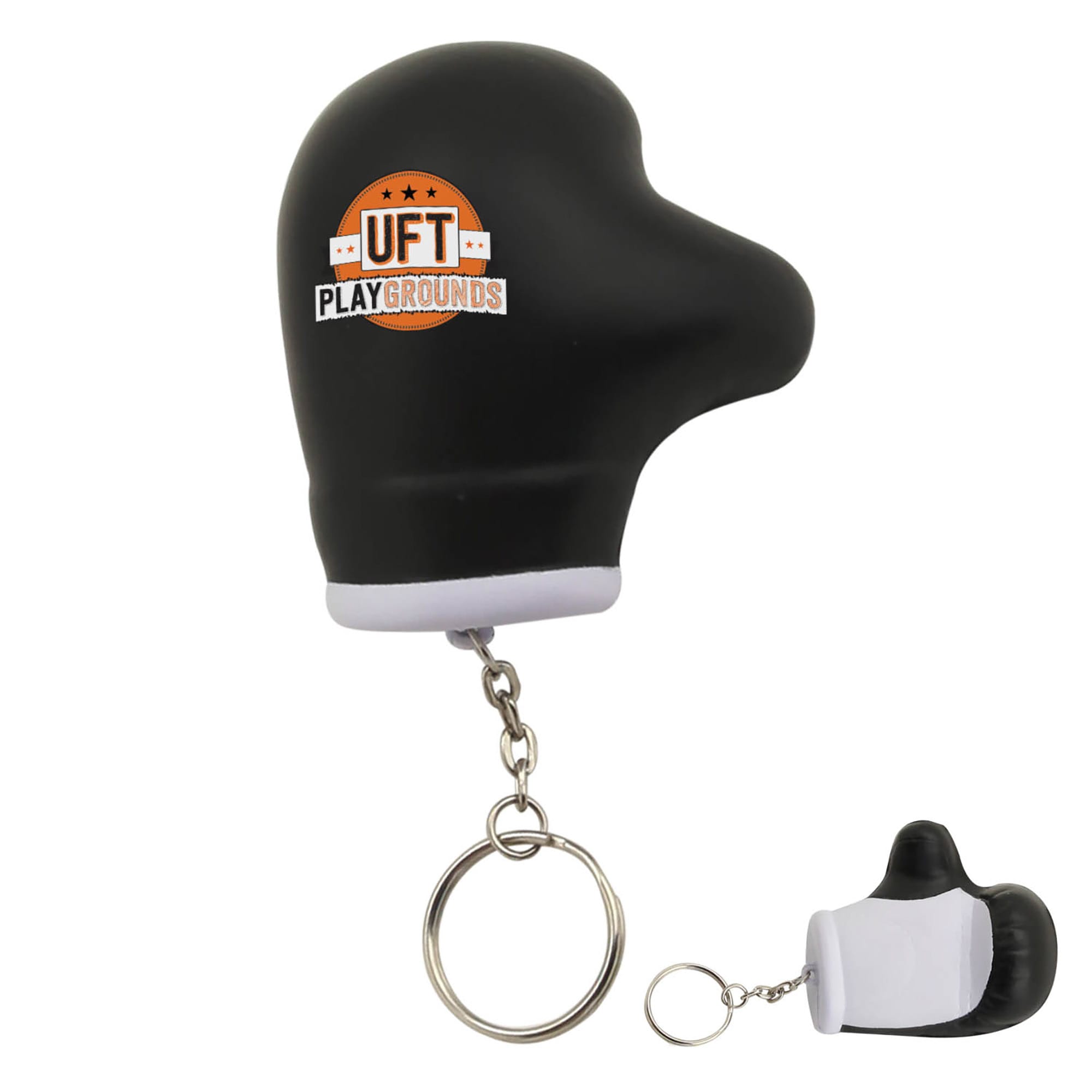 A black stress glove key ring with a white base and a keychain attachment, featuring a logo. Stress Glove Key Ring - Image 1
