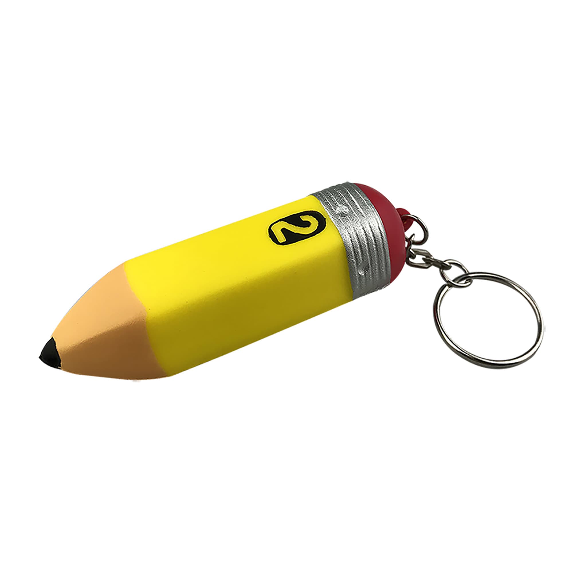 A bright yellow pencil-shaped stress keyring with a silver and red cap, attached to a metal keyring. Stress Pencil Key Ring - Image 1