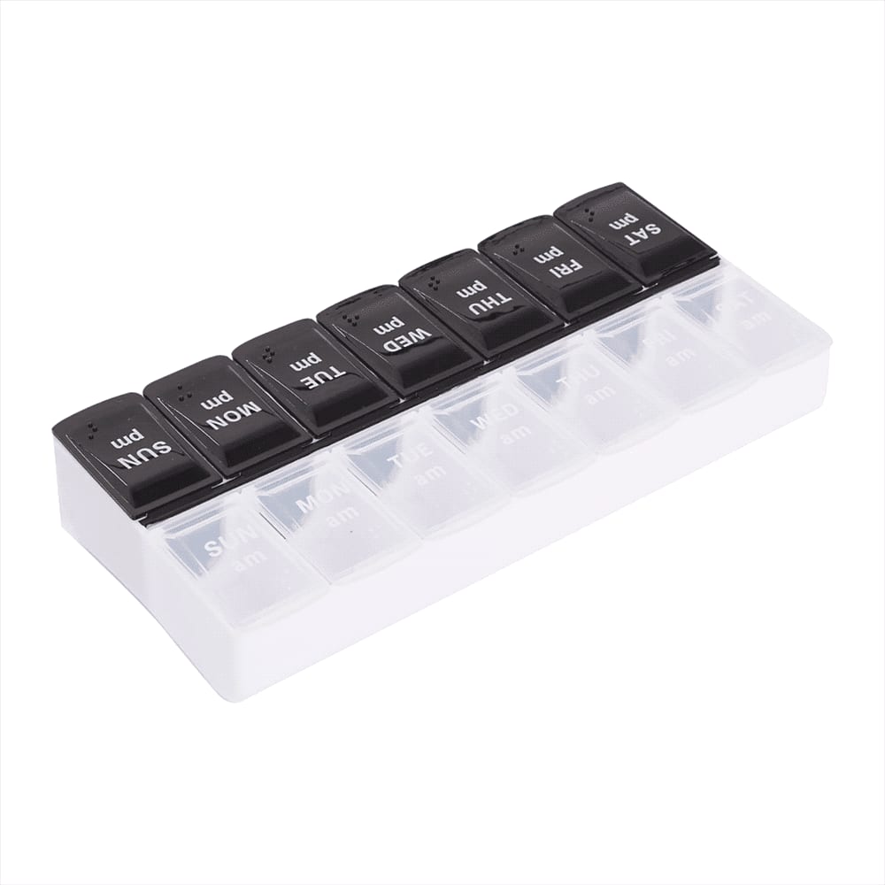 A black and white recycled AM/PM pill case with a transparent base and labelled compartments for each day. Recycled AM/PM Pill Case - Image 1