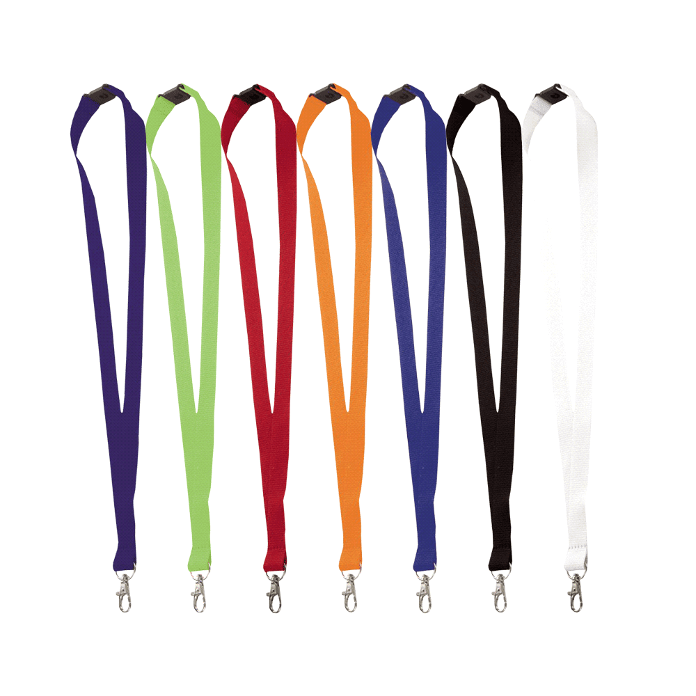 A selection of lanyards in purple, green, red, orange, blue, black, and white, each featuring a lobster clip. Lanyard w/ Lobster Clip - Image 1