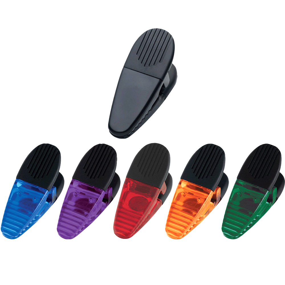 A set of magnetic memo holders in black, purple, blue, green, orange, and red colours. Each clip features a branding logo. Magnetic Memo Holder / Clip - Image 1