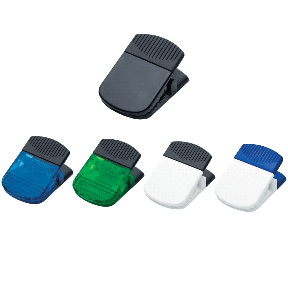 A set of four jumbo magnetic memo holders in black, blue, green, and white with a textured grip. Each has a branding logo. Jumbo Magnetic Memo Holder / Clip - Image 1