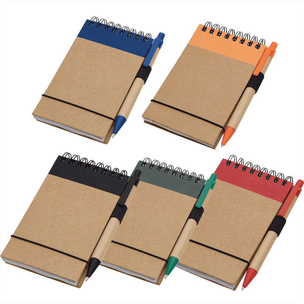 A set of recycled notepads in brown, featuring coloured bands and matching pens, displayed in various colours. The Recycled Jotter w/ Pen - Image 1