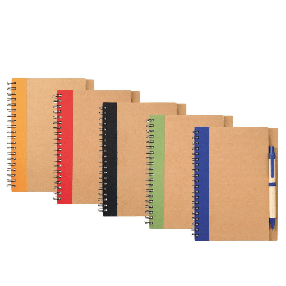 A range of spiral notebooks in various colours with a pen; features a natural brown cover and a logo on each. The Spiral Notebook w/ Pen - Image 1