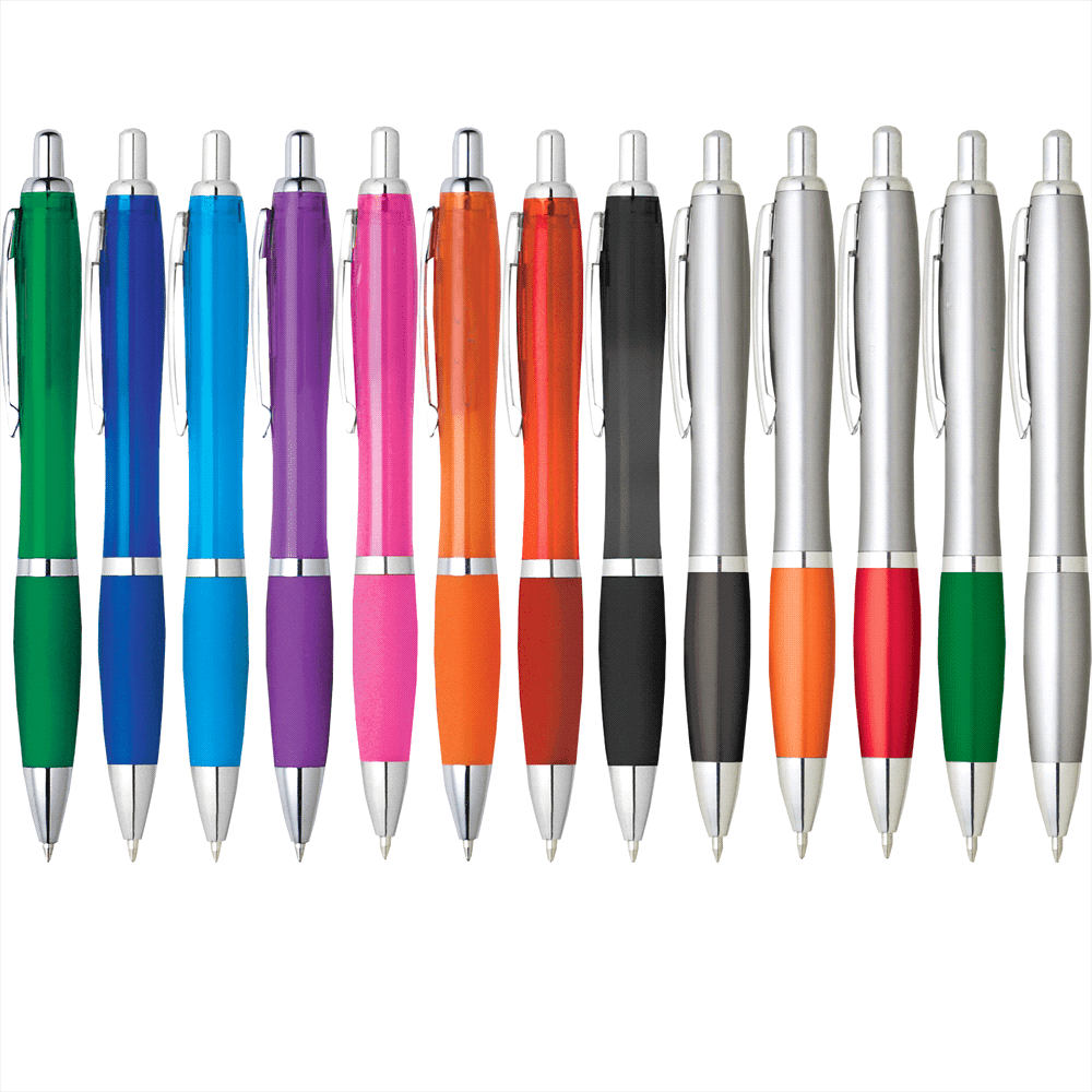 A collection of plastic pens in various colours, including blue, purple, orange, black, and green, with silver accents. The Nash Pen - Image 1