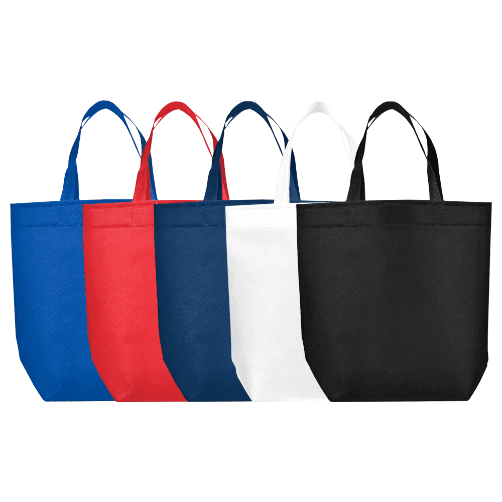 A collection of five reusable grocery bags in blue, red, navy, white, and black, each featuring a logo. Challenger Non-Woven Shopper Tote - Image 1