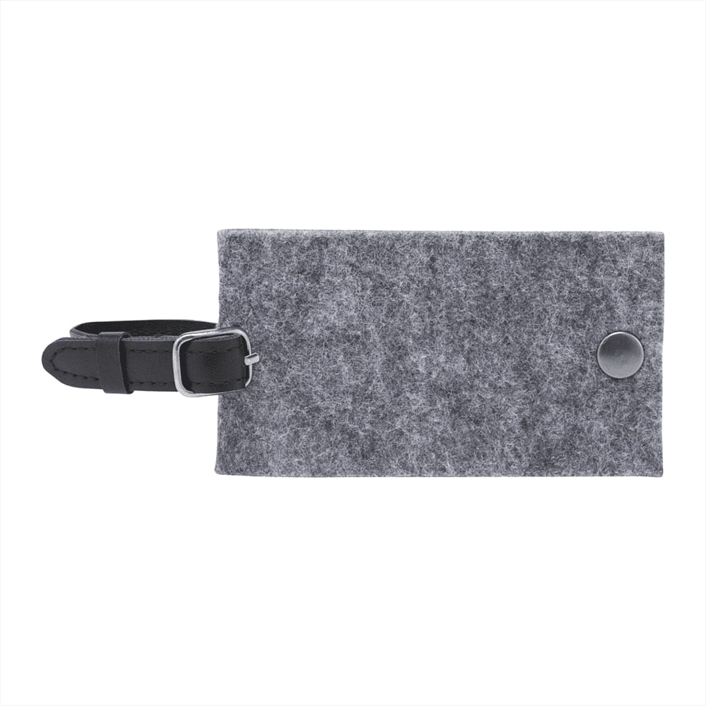 A grey felt luggage tag with a black strap and a metal buckle. It features a simple design and has a logo. The Goods Recycled Felt Luggage Tag - Image 1