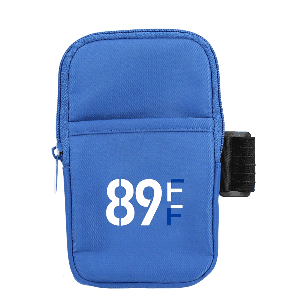 A drink bottle pouch in blue, featuring a zippered pocket and a strap. It has a logo on the front. Bottle Buddy Water Bottle Pouch - Image 1