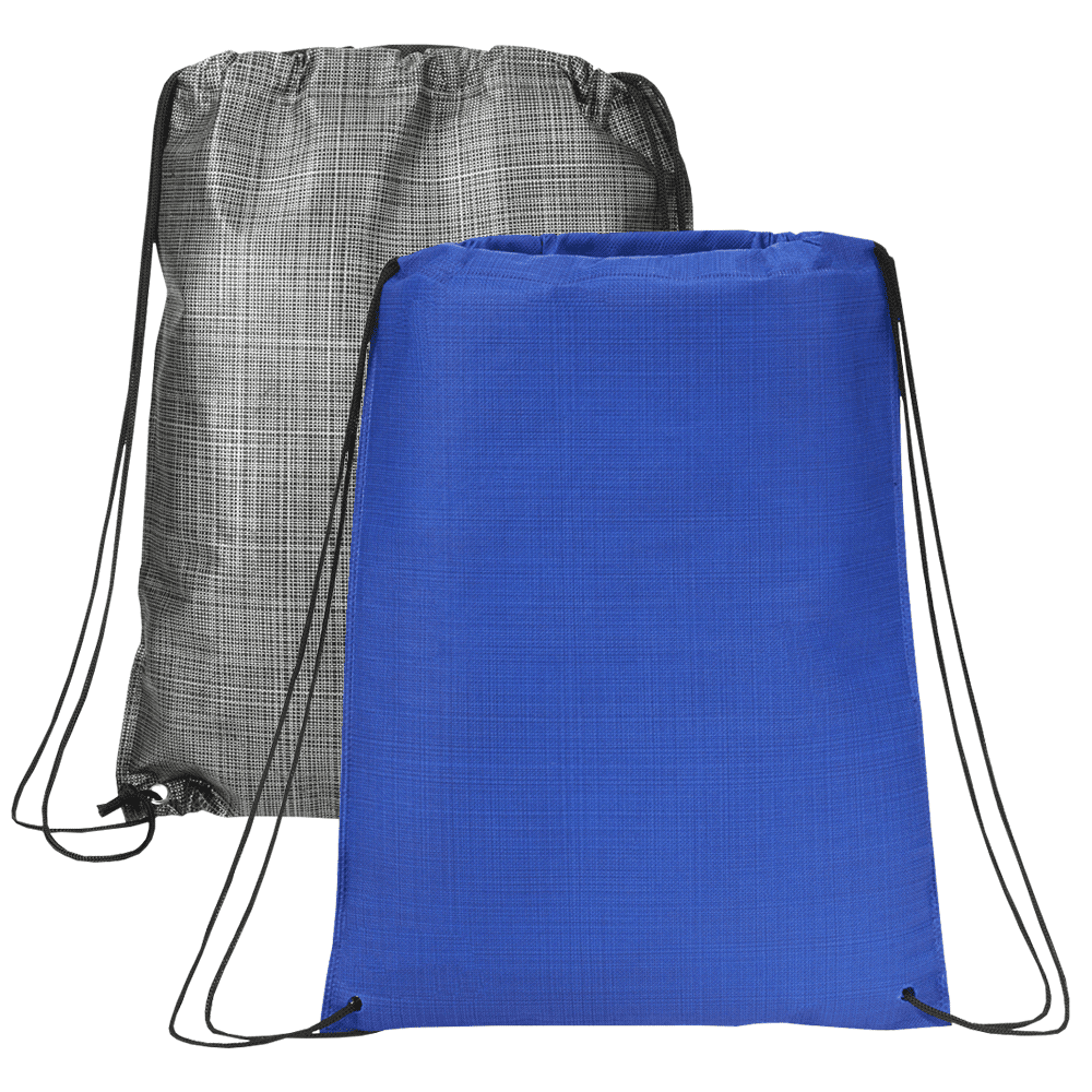 A blue and a grey drawstring bag with heat-sealed seams and black cords, featuring a logo on each. Crossweave Heat Sealed Drawstring Bag - Image 1