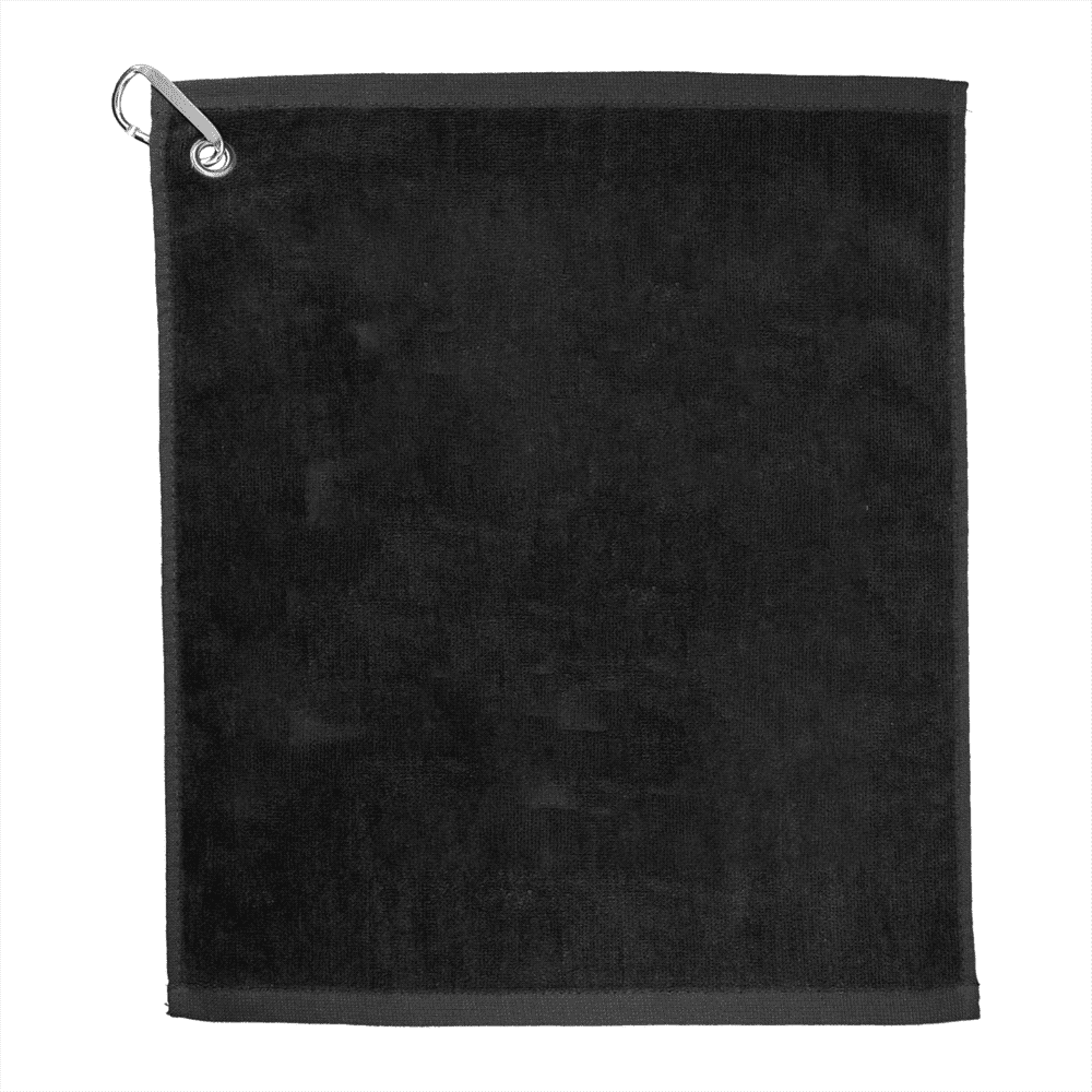 A black 15" X 18" terry golf towel with a metal carabiner for easy attachment. Features a simple design. 15" X 18" Terry Golf Towel - Image 1