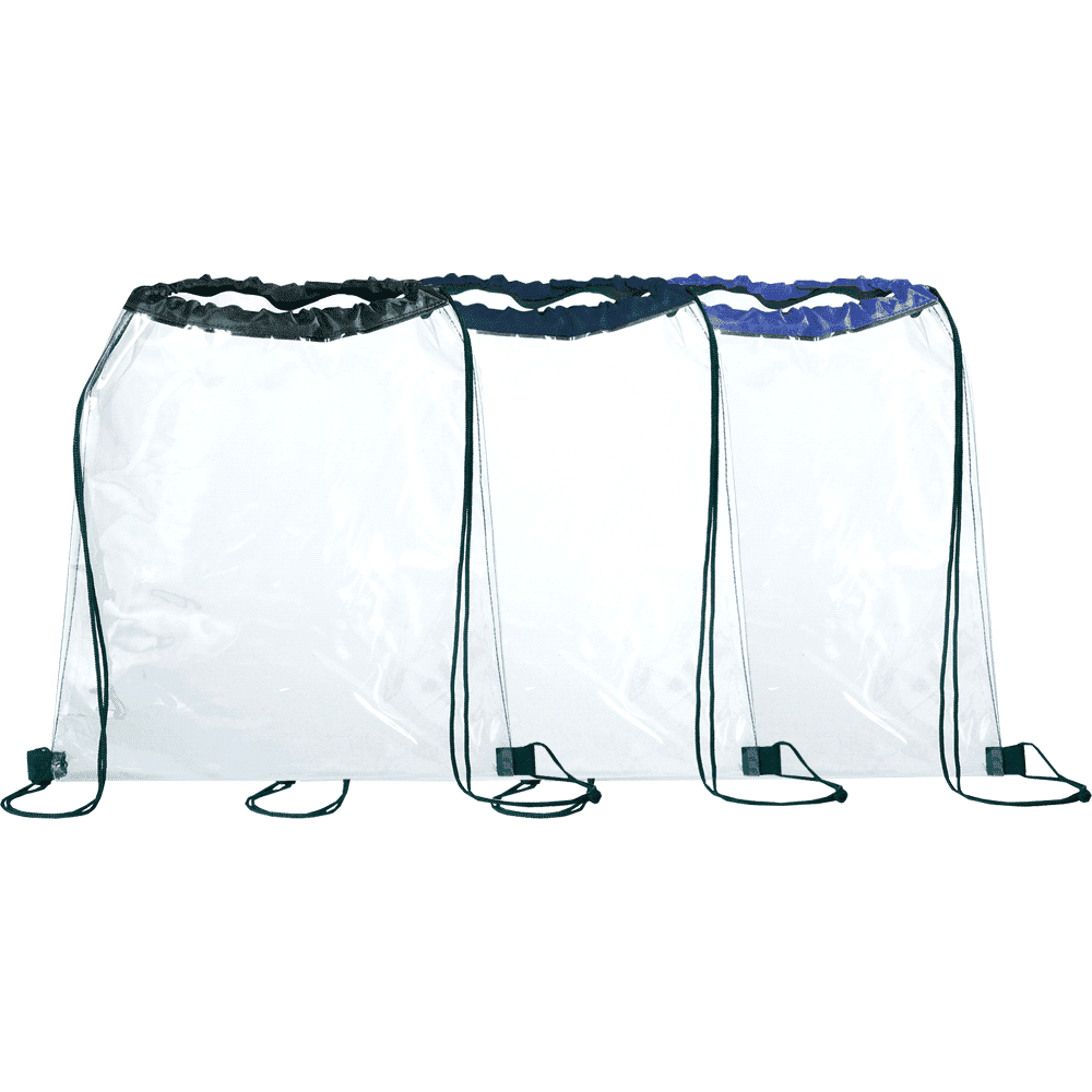 Three clear drawstring sportspacks in black, purple, and blue, featuring drawstring closures and branding. Rally Clear Drawstring Sportspack - Image 1