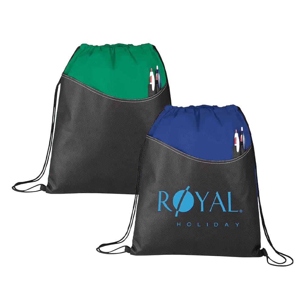 A black drawstring sportspack featuring a green and a blue colour option, each with a front pocket and a logo. Rivers Non-Woven Drawstring Sportspack - Image 1