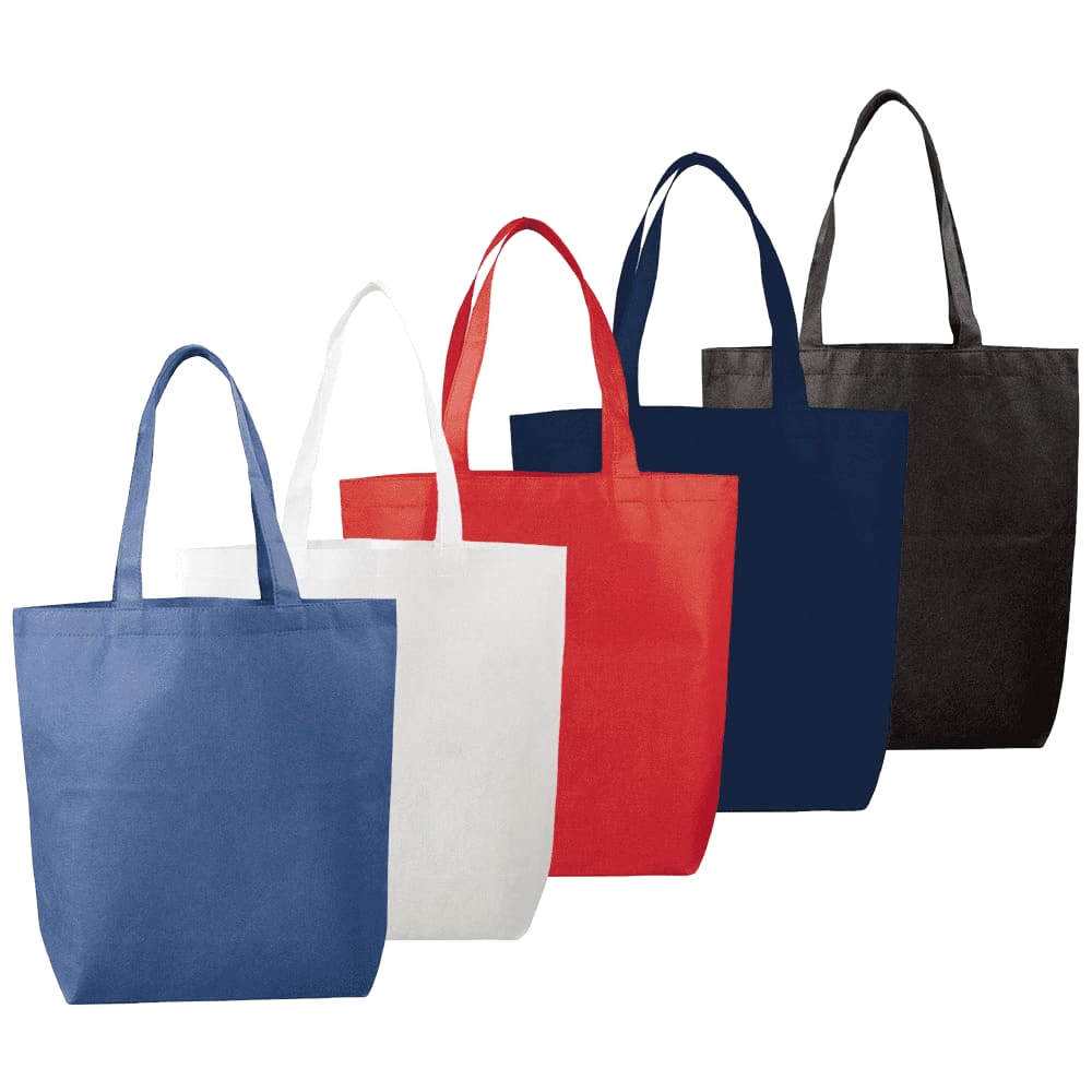 Assorted tote bags in blue, white, red, navy, and black, each featuring handles and a branding logo. Eros Non-Woven Tote 15L - Image 1
