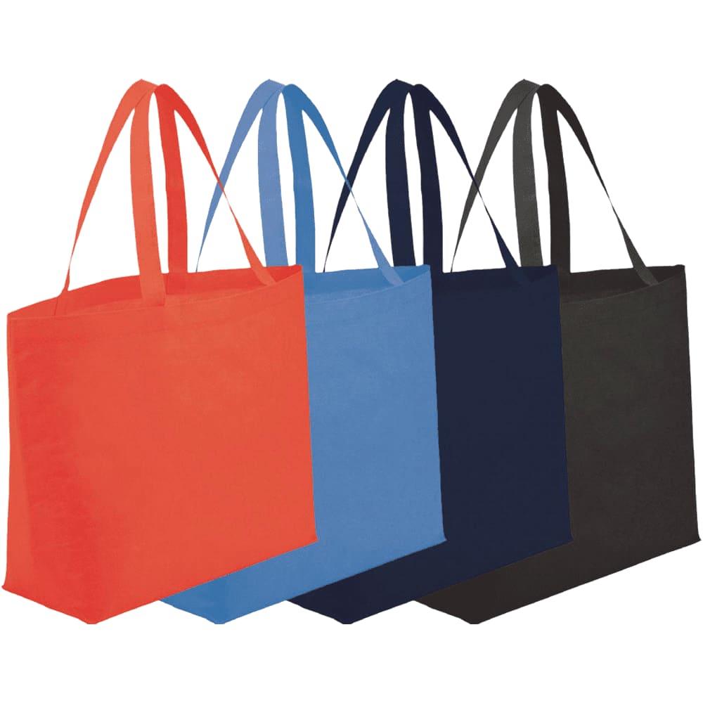 Four non-woven shopper tote bags in red, blue, navy, and black, featuring long handles and a logo. Big Boy Non-Woven Shopper Tote 20L - Image 1