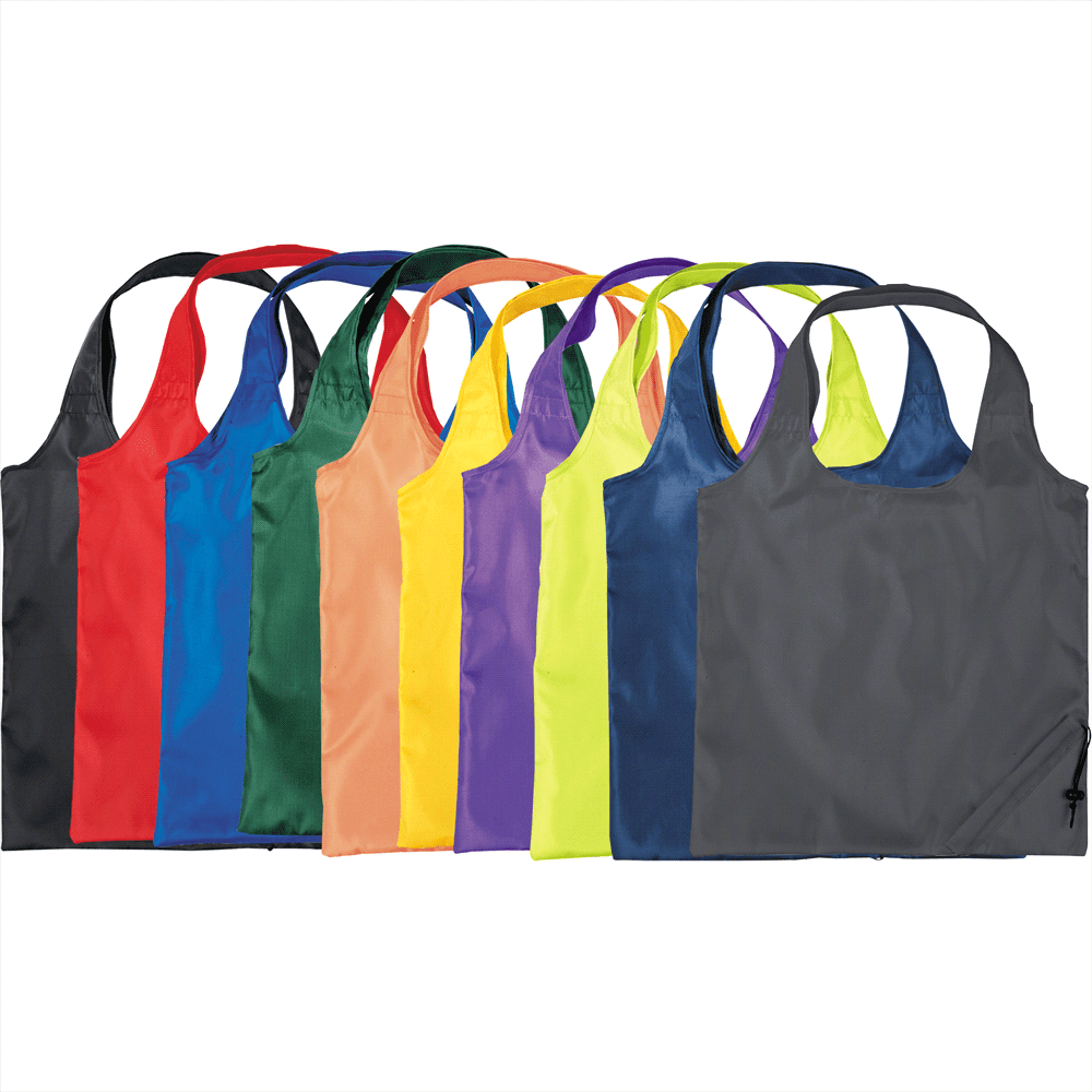 A collection of foldable tote bags in various colours, featuring handles and a small storage pocket. Bungalow Foldaway Shopper Tote - Image 1