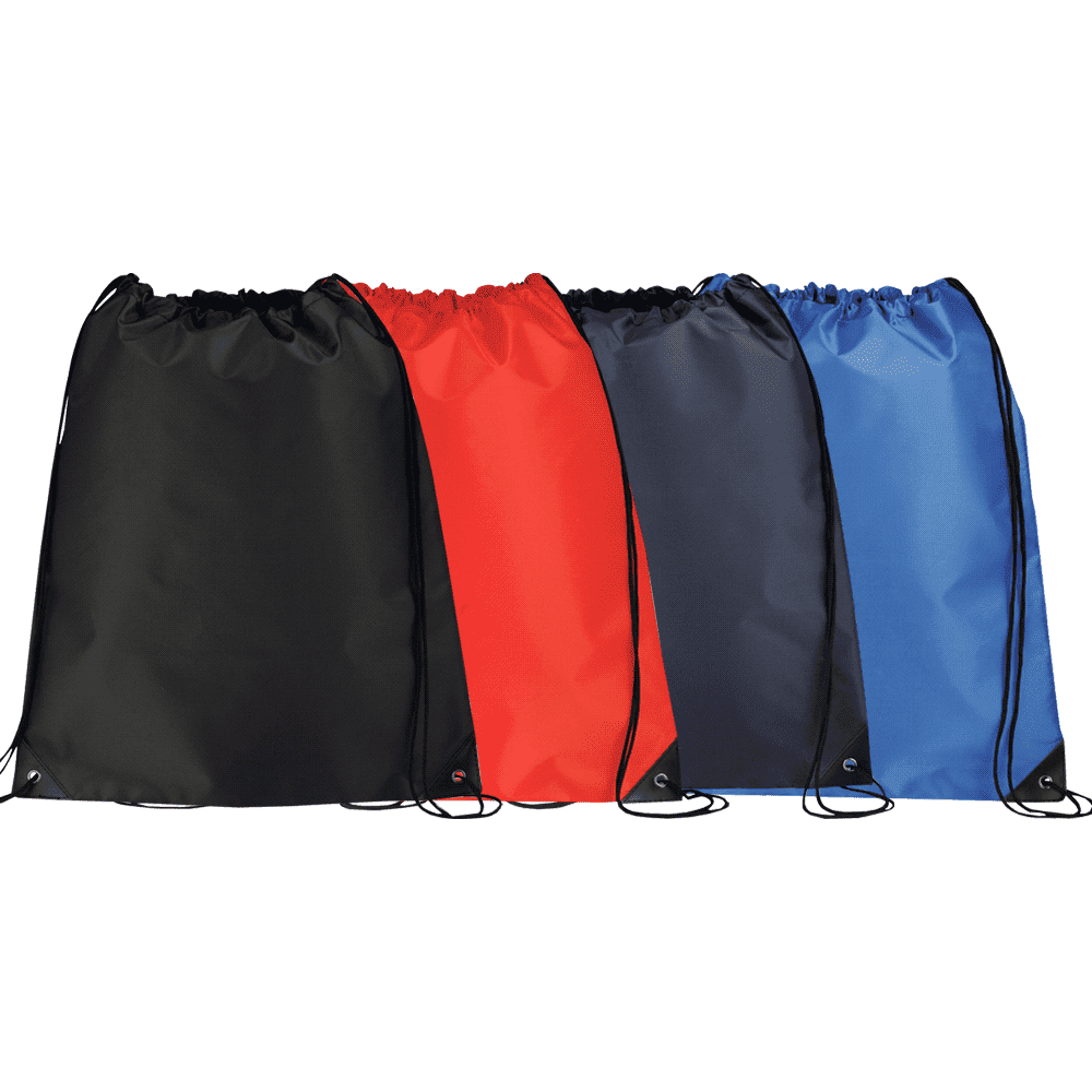A collection of large drawstring sportspacks in black, red, navy, and blue, each featuring a logo. Large Oriole Drawstring Sportspack - Image 1