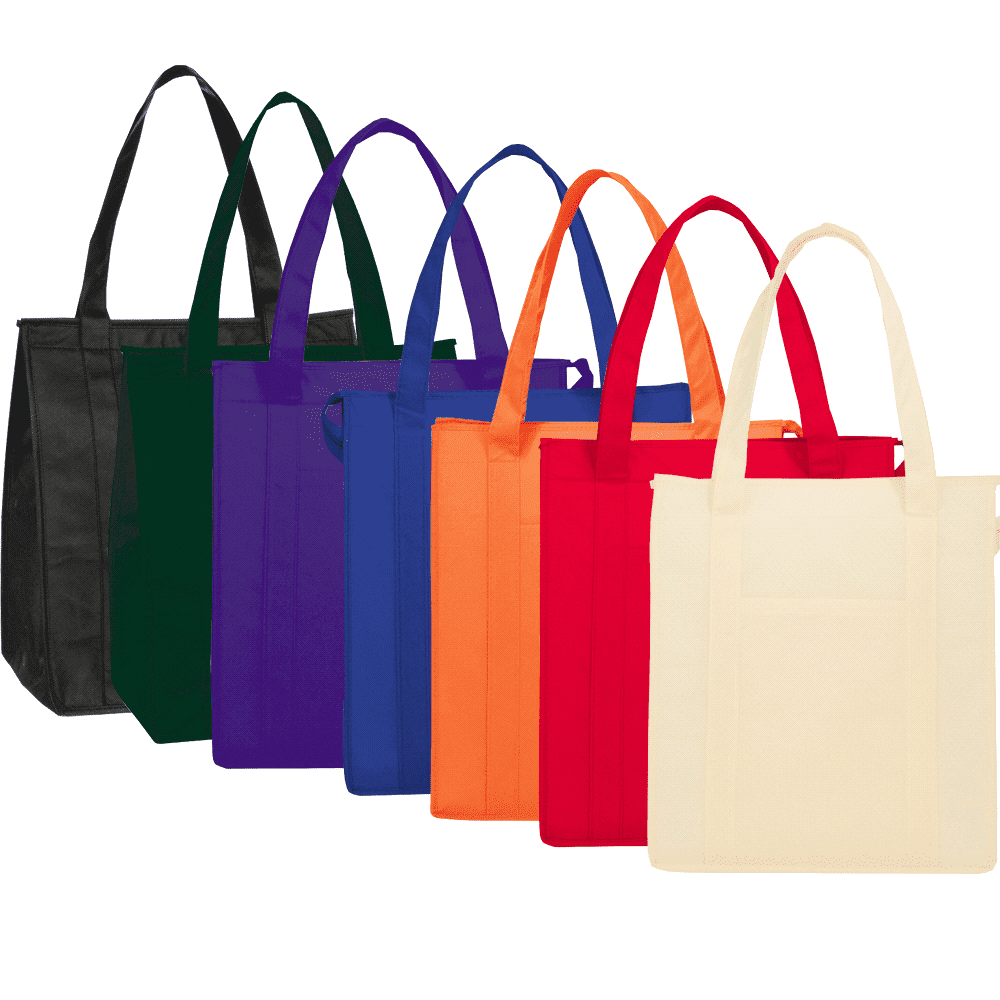 A collection of insulated grocery totes in black, green, purple, blue, orange, red, and cream, showcasing a variety of colours. Hercules Insulated Grocery Tote 29L - Image 1