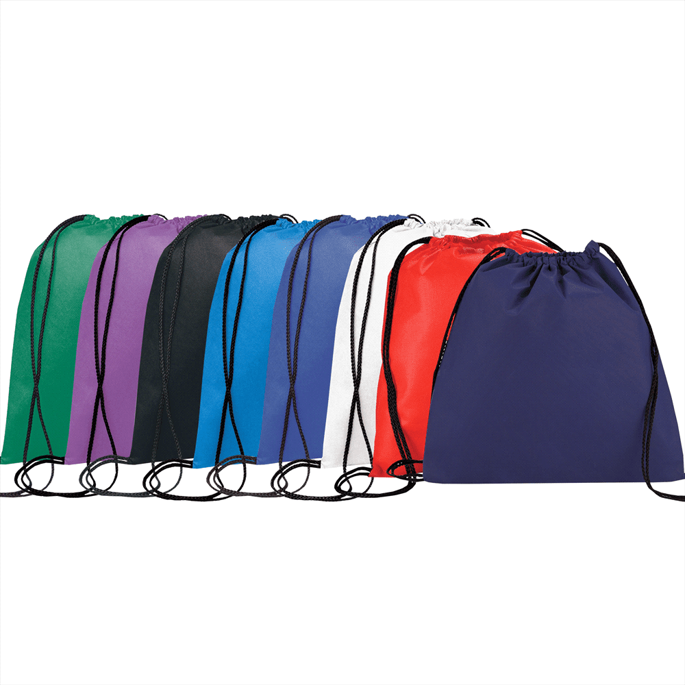 A collection of drawstring sportpacks in various colours, including green, purple, black, blue, white, red, and navy, each with a logo. Evergreen Non-Woven Drawstring Sportpack - Image 1
