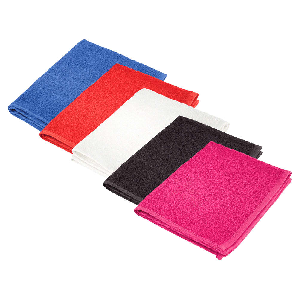 A selection of gym towels in blue, red, white, black, and pink, neatly arranged. Each towel has a soft texture. Go Go Rally Towel - Image 1