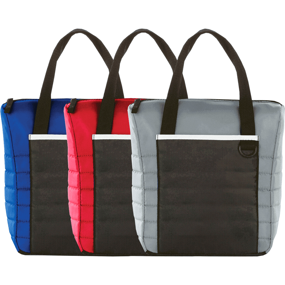 A quilted lunch cooler bag available in blue, red, and grey, featuring black accents and handles. Quilted 12-Can Lunch Cooler 10L - Image 1