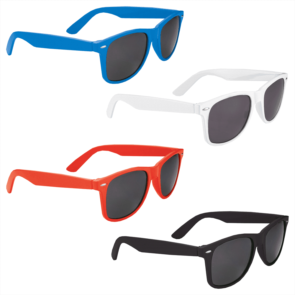 A selection of promotional sunglasses in blue, white, red, and black, featuring dark lenses and a logo. The Sun Ray Promotional Glasses - Image 1