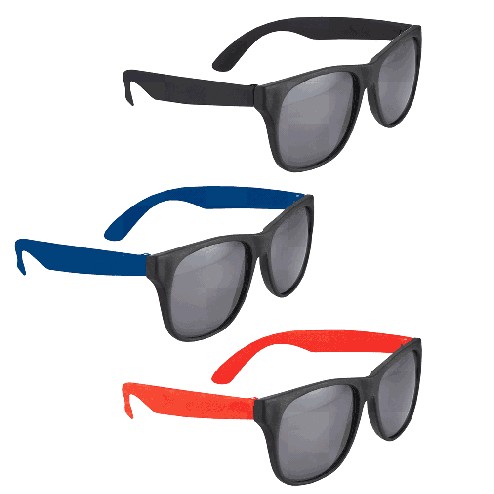 Three pairs of retro sunglasses in black frames with blue, red, and black arms, featuring grey lenses. Retro Promotional Glasses - Image 1
