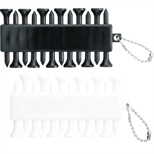 A set of golf ball markers in black and white, each with a chain for convenience. The product includes multiple markers.