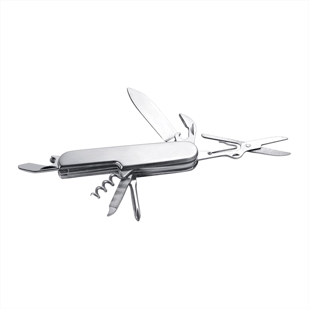 A stainless steel multi-tool with multiple functions, including blades, scissors, and a corkscrew. It features a small logo. 8-Function Stainless Steel Knife - Image 1