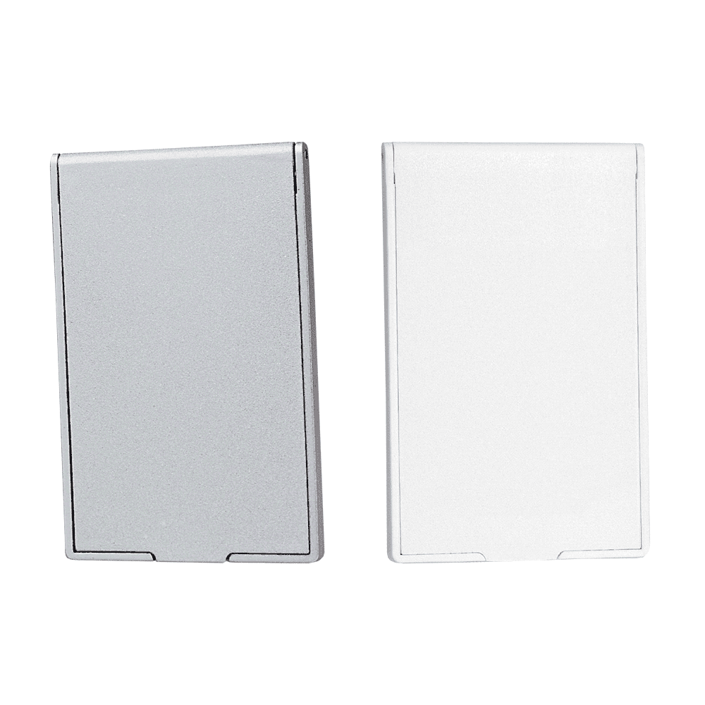 A silver and white stand-up pocket mirror duo, featuring a sleek, rectangular design and a logo on one side. Stand-Up Pocket Mirror - Image 1