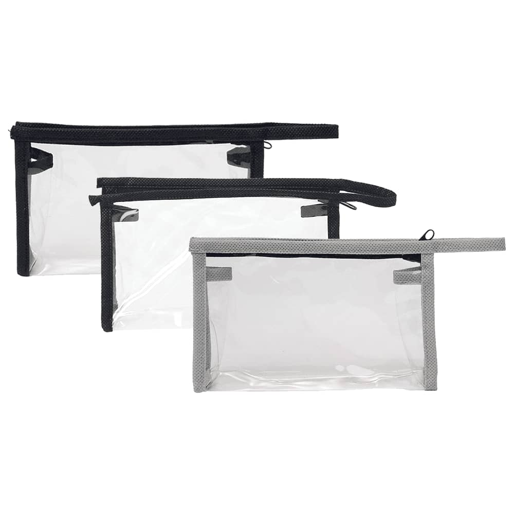 A set of three clear toiletry bags in black and grey, featuring zip closures and mesh detailing. Claro Travel Bag - Image 1