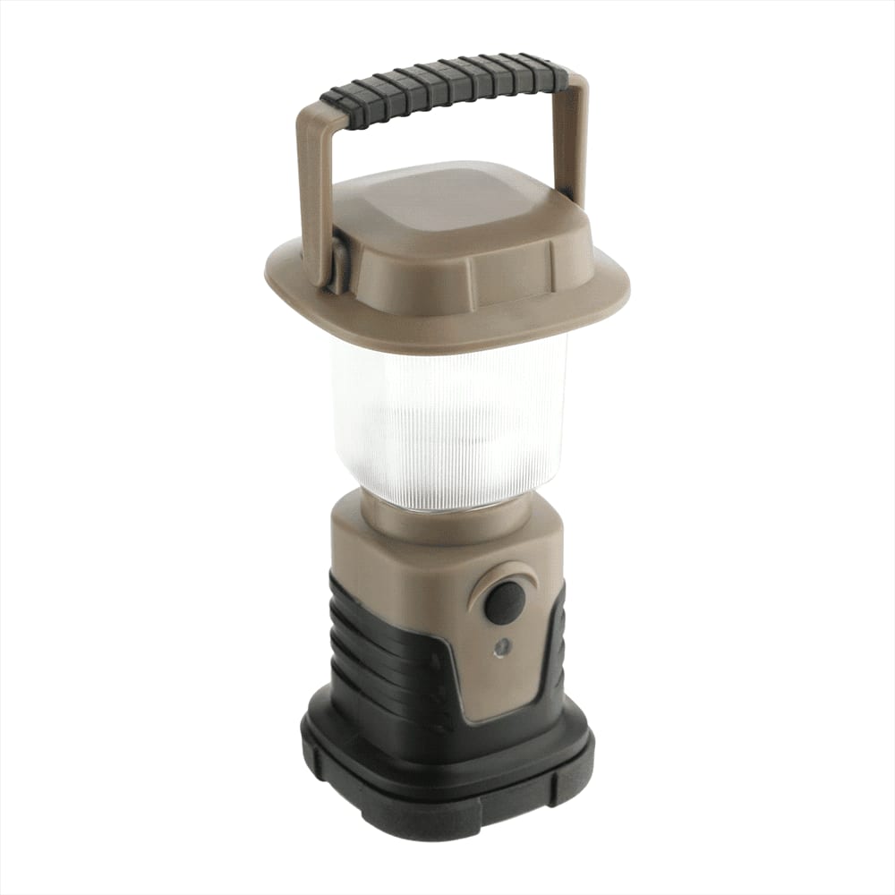 A mini camping lantern in tan and black, featuring a clear light section and a handle for easy carrying. Mini Camping Lantern - Image 1