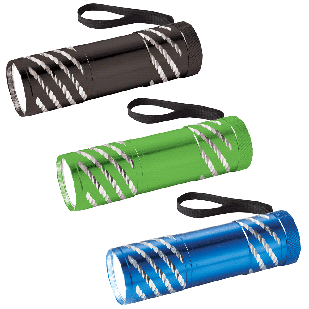 A trio of Astro Flashlights in black, green, and blue, each with a textured design and attached wrist strap. Astro Flashlight - Image 1