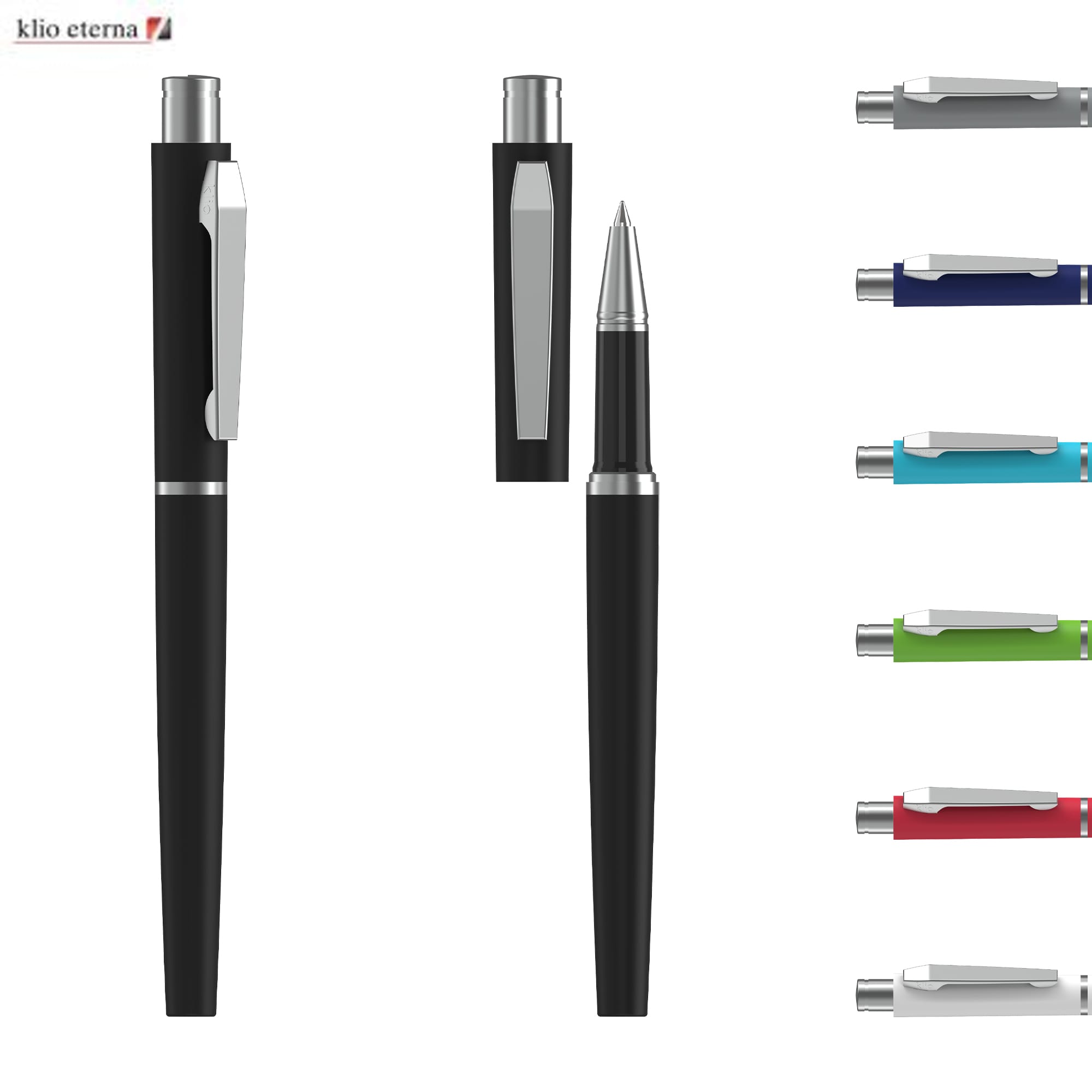 A rollerball soft-touch metal pen in black, alongside various coloured metal pens, on a white background. SNOOKER Rollerball Softtouch MS - Image 1