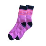 Custom business socks featuring a pink and navy colour scheme, with a logo on the upper portion.