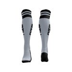 Custom knee-length socks in grey with black stripes and branding. Ideal for sports uniforms.
