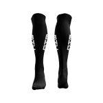 Black custom knee-length socks featuring a logo on the sides. Made from a stretchy material for comfort.