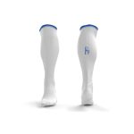 Knee-length sports socks in white with a blue accent and logo branding.