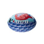 A medium soft footy ball in blue and red, featuring a logo and playful design.