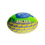 A medium soft footy ball in vibrant green and yellow, featuring a logo design.
