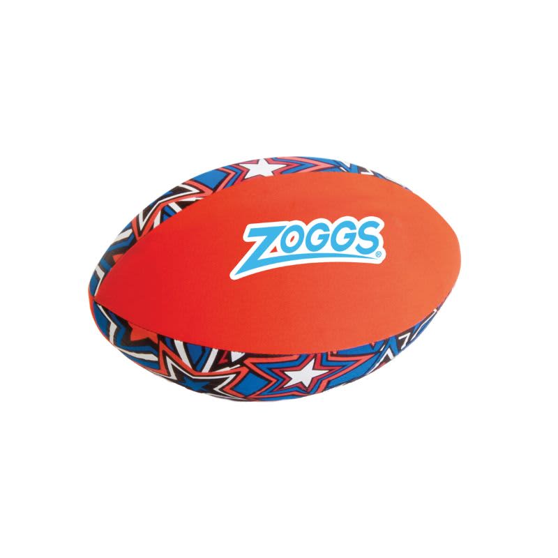 A medium soft rugby ball in orange with a multicoloured star pattern and a logo on the side. Soft Rugby Ball - medium - Image 1