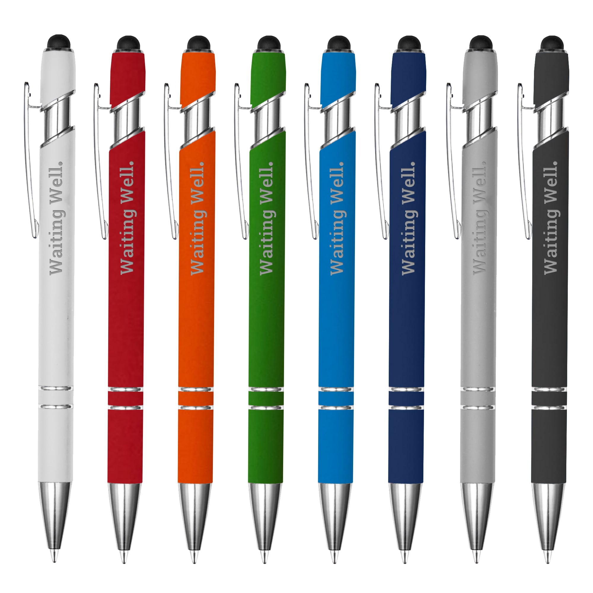 A collection of stylus pens in various colours, including red, orange, blue, grey, and white, with a logo on each. Yvette Stylus - Image 1