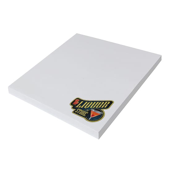 White sticky notes in a square shape with a logo in the corner, featuring a colourful design. Speedy Notes 75x75white4c50 - Image 1