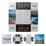A square calendar featuring months from January to April 2020, with a logo in the corners and various images.