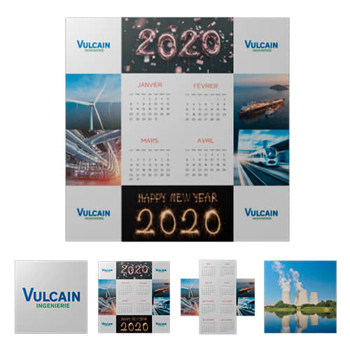A square calendar featuring months from January to April 2020, with a logo in the corners and various images. A square calendar featuring months from January to April 2020, with a logo in the corners and various images.
