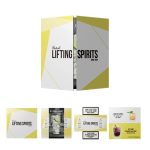 A promotional product featuring a yellow and white design, showcasing cocktail recipes with an accompanying logo.