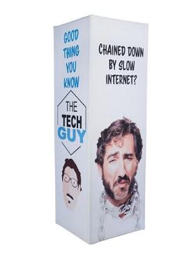 A tension fabric square column display featuring a white background, graphics, and a logo. Stretch Fabric Square Column Display / Tension Fabric Square Column Display - Image 1