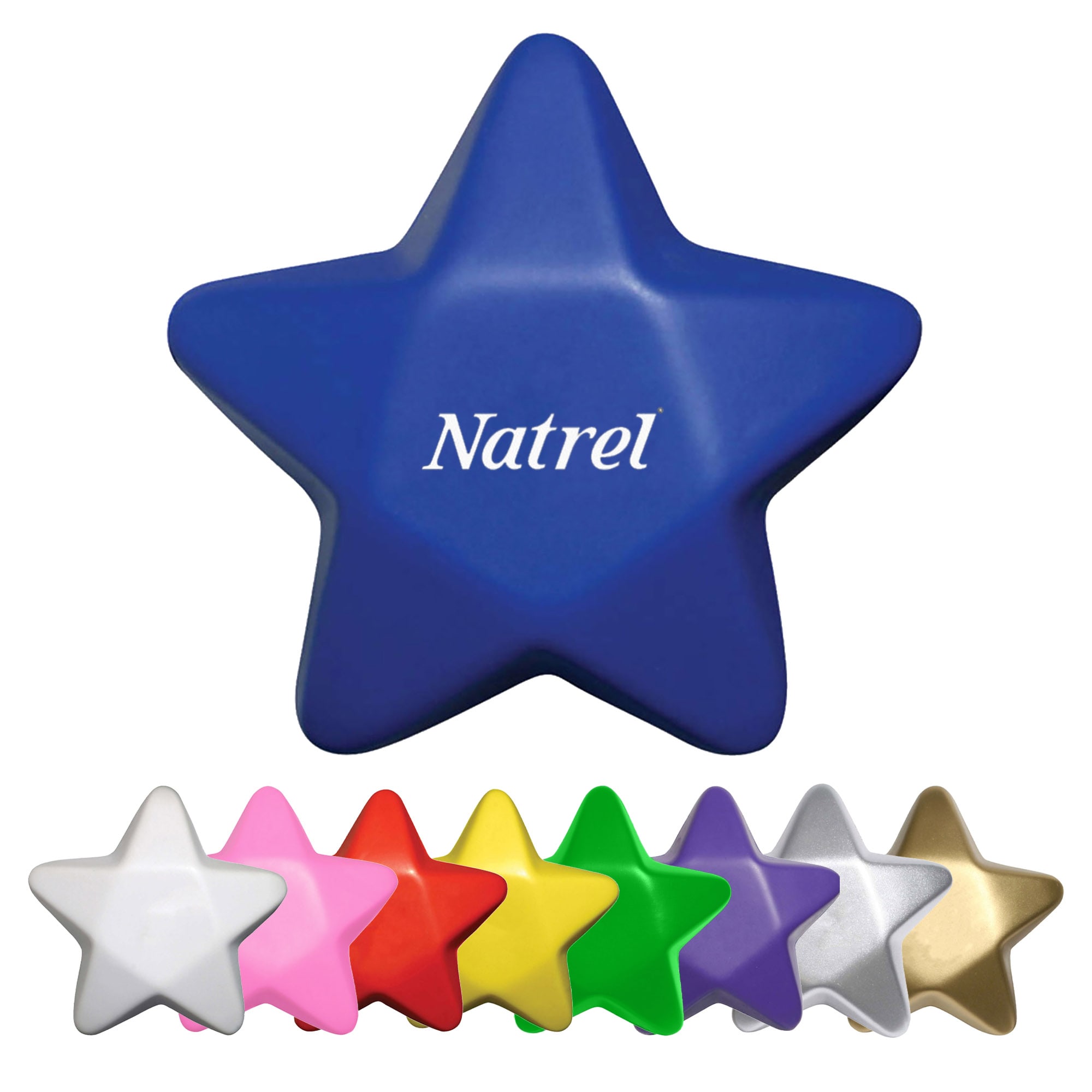 A blue star-shaped stress toy with various smaller star-shaped stress toys in pink, yellow, green, white, purple, gold, and silver. Stress Star - Image 1