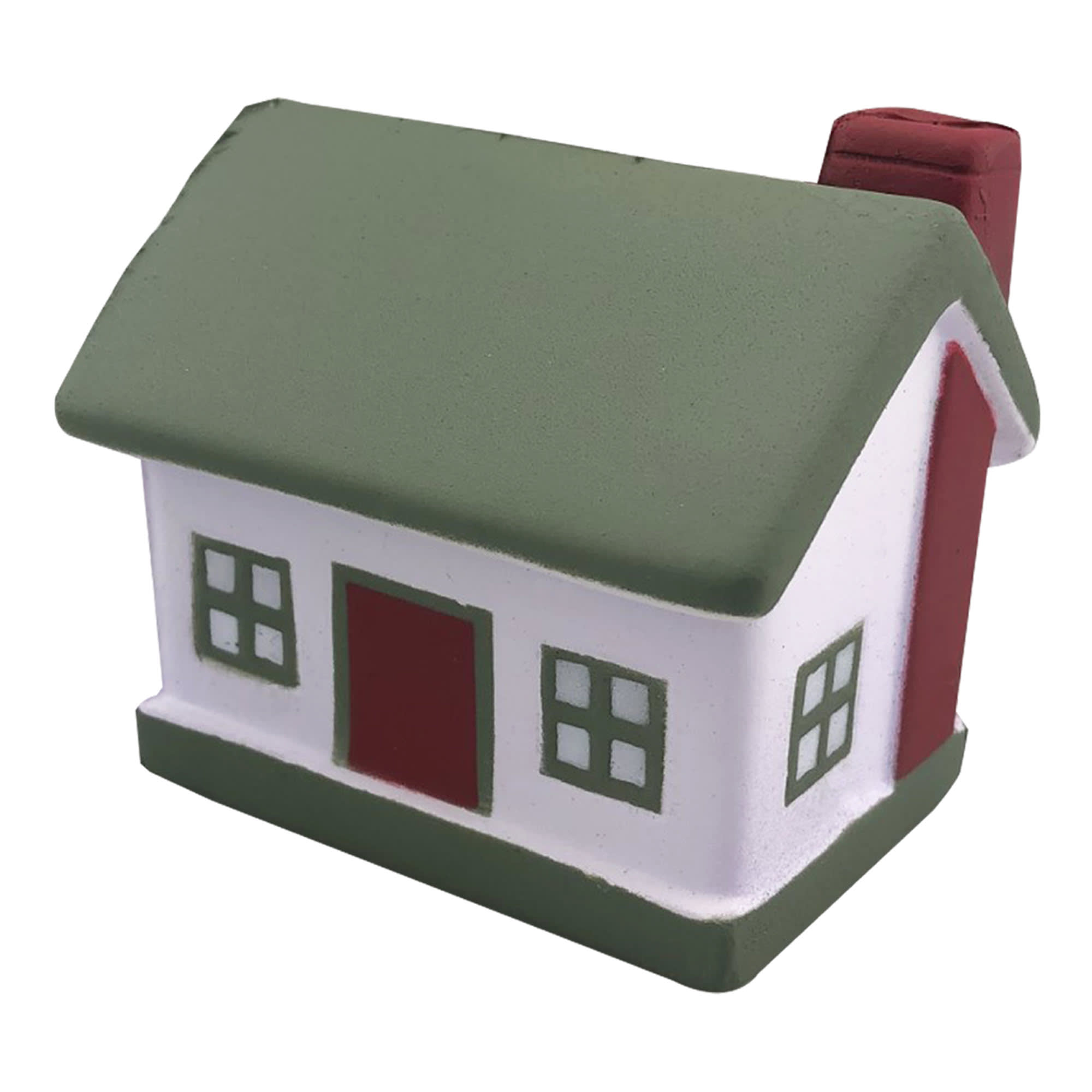 A stress toy shaped like a house, featuring a green roof, white walls, and red door and chimney. It has a logo. Stress House – Greeny Roof - Image 1