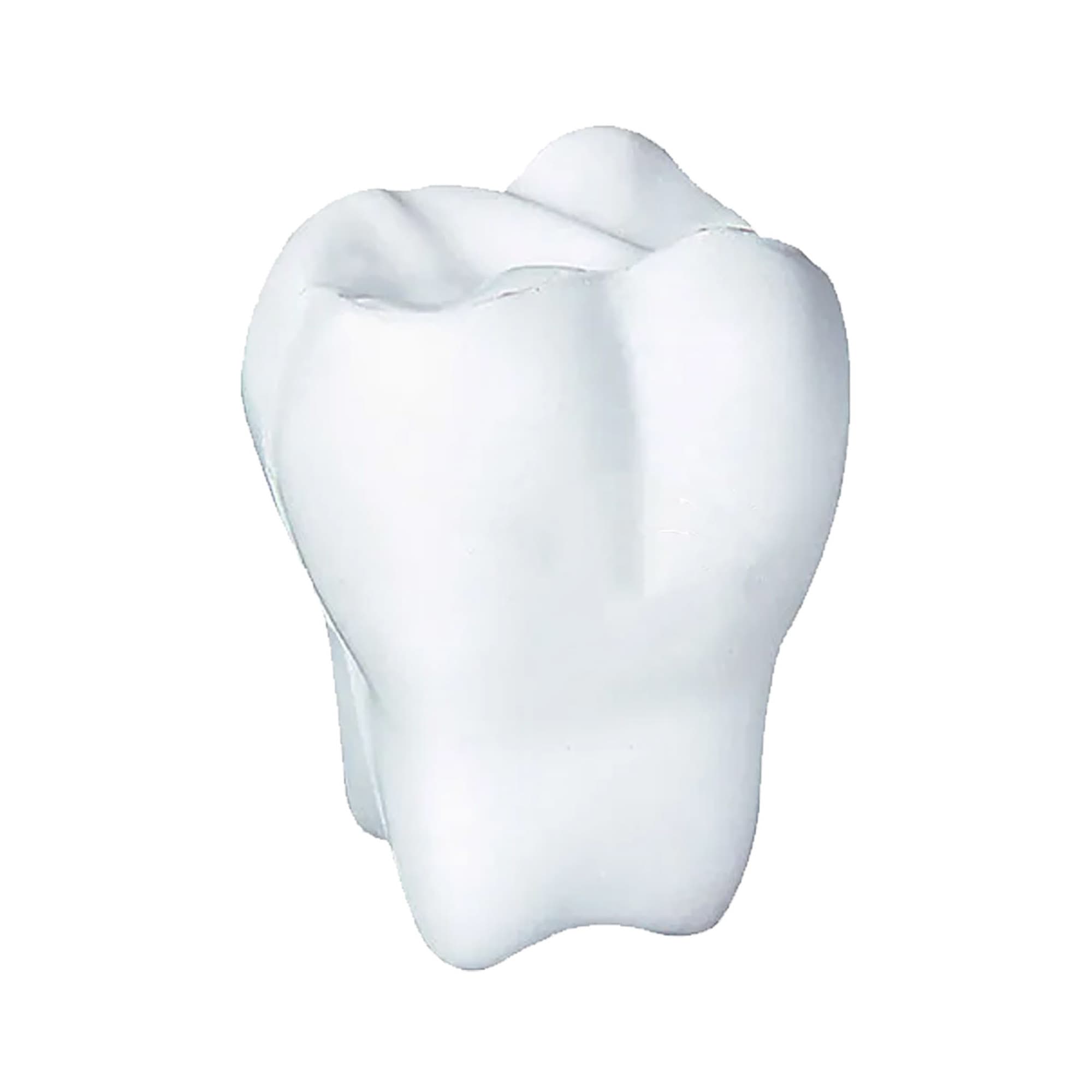 A white stress toy shaped like a tooth, featuring smooth surfaces and rounded edges. It has a logo on it. Stress Tooth - Image 1